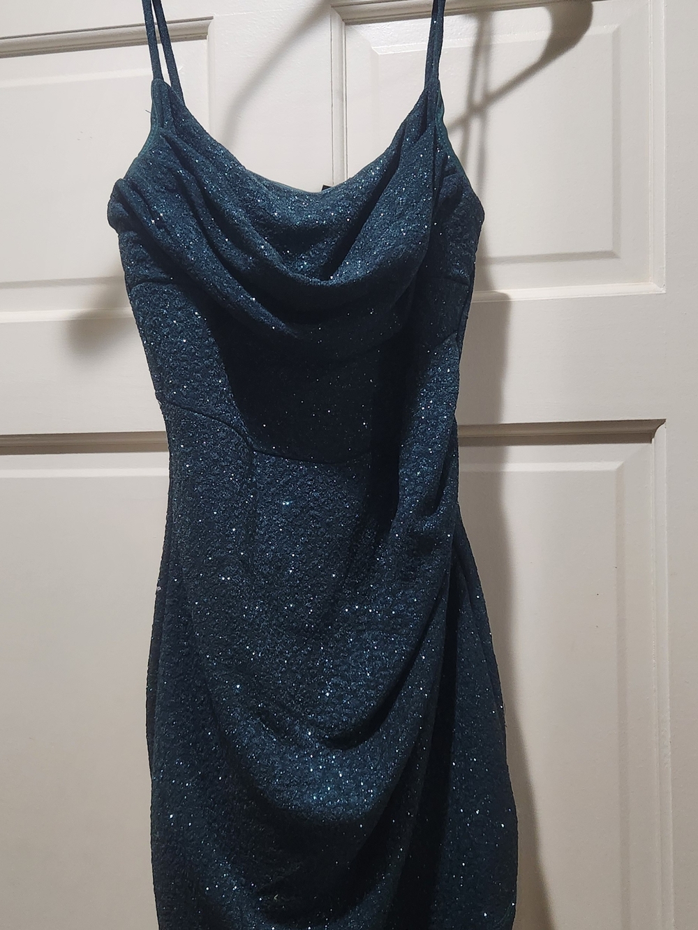 Sparkle Cowl Neck Spaghetti Strap Dress in Emerald Green